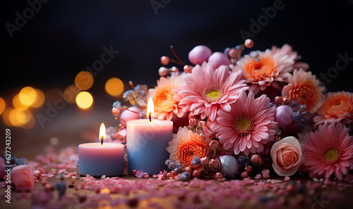 Colorful dreamy candles on bokeh background on wooden table surrounded with pink flowers. Dreamy design Candles against bokeh lights background for clean Spa  valentine  wedding theme. Love and Peace