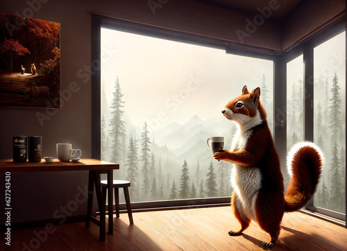 anthropomorphic squirrel stands with a cup of coffee in a cozy interior .AI generated