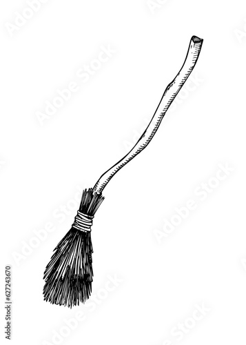 Magic broom sketch. Halloween vector illustration isolated on white background. Hand drawn design element for magical power, alchemy, witchcraft, magic. Mystical decor,