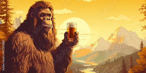 Sasquatch drinking a cold craft beer with scenic view. Generative AI