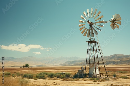 windmill on a ranch in colorado on a summer evening