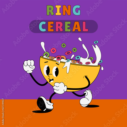 Yellow bowl for fruit cereal rings with milk. Cartoon cute character "bowl of cereal". Vector illustration in retro style.