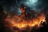 the ancestral creature cthulhu attacking a ship in the middle of a storm at night