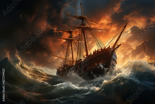 ship at sea in a terrifying and dramatic storm