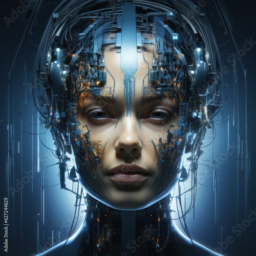 concept of technology and artificial intelligence. A young cyborg woman 