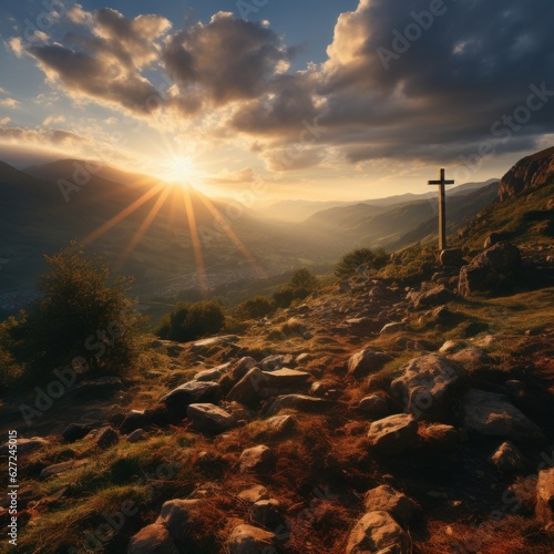 Leinwand Poster Christian cross on the top of a mountain with sunbeams through the clouds