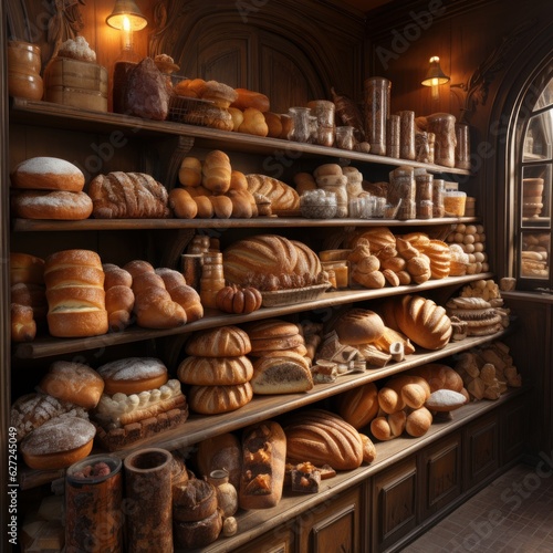 bakery display of bread and pastries in a pastry shop in a Parisian area