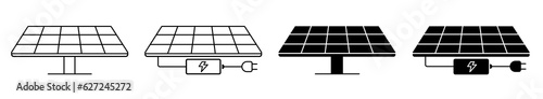 Solar panel icon set. Photovoltaic cell symbol. Producing green electricity with collecting sunlight. Vector illustration
