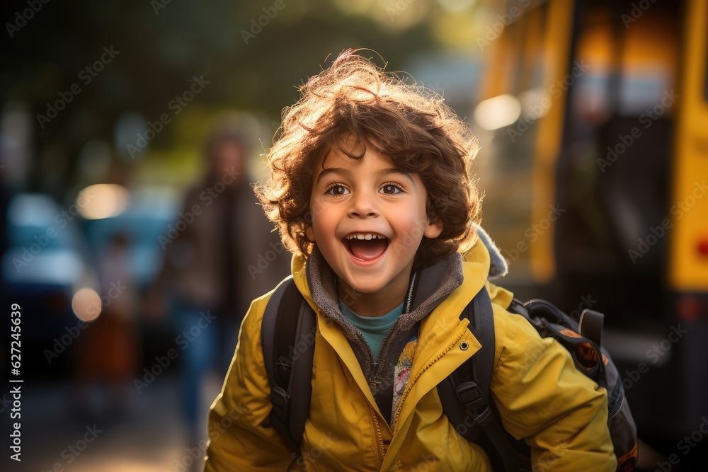 Excited Child Getting Off the School Bus After First Day - Back to School - AI Generated