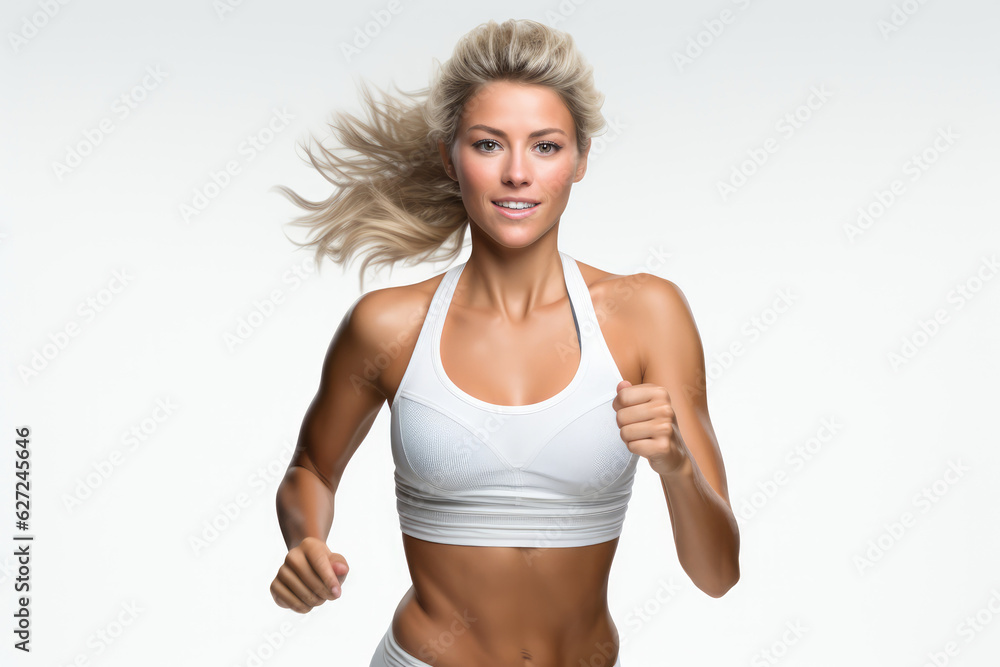 Smiling Woman Running against White Background - Studio Photo Smiling Woman Running against White Background - Studio Photo
