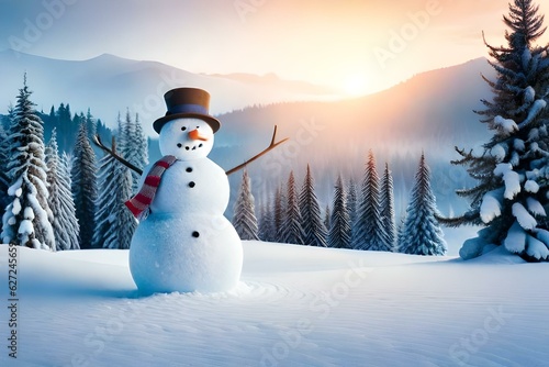 Snowman in a winter Christmas scene with snow, pine trees and warm light © muhmmad