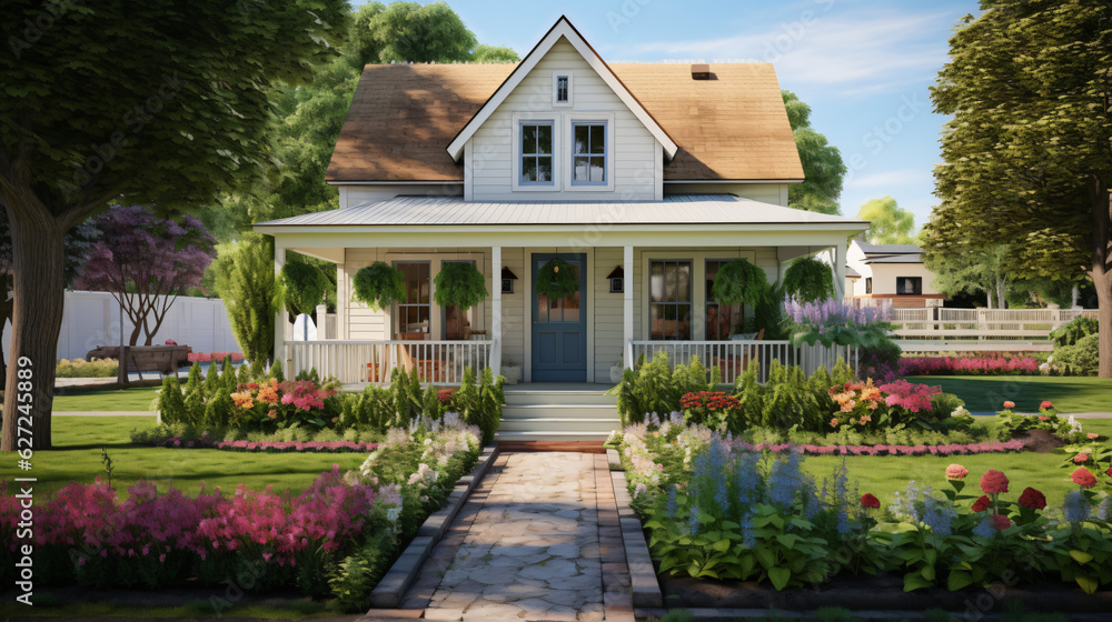 Cute farmhouse exterior with front yard flowers