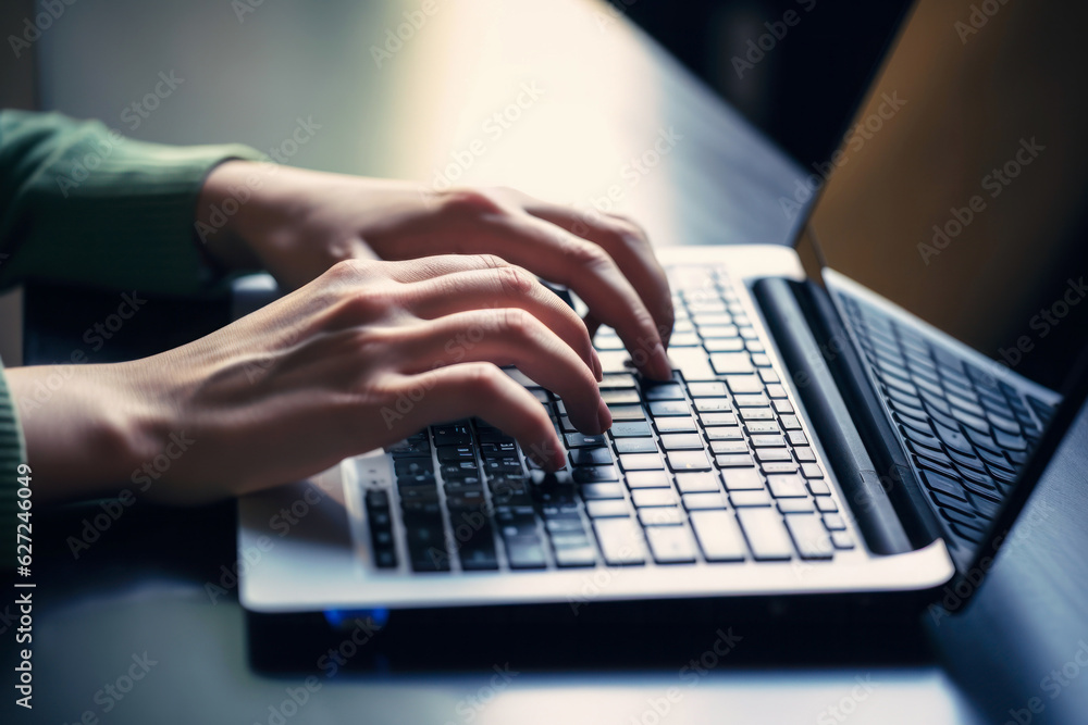 Woman working at home office hands on keyboard close up. Soft focus picture. Generative AI