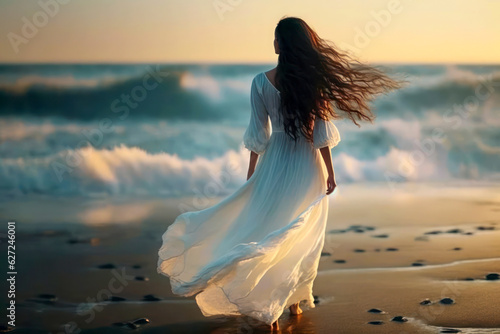 Wallpaper Mural Beautiful slim woman with long flowing brown hair in white fluttering dress in the wind against the background of the sea at sunset