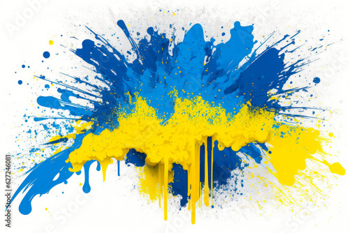 Paint spray spalsh blot in ukrainian blue and yellow colors on a white background. Generative AI