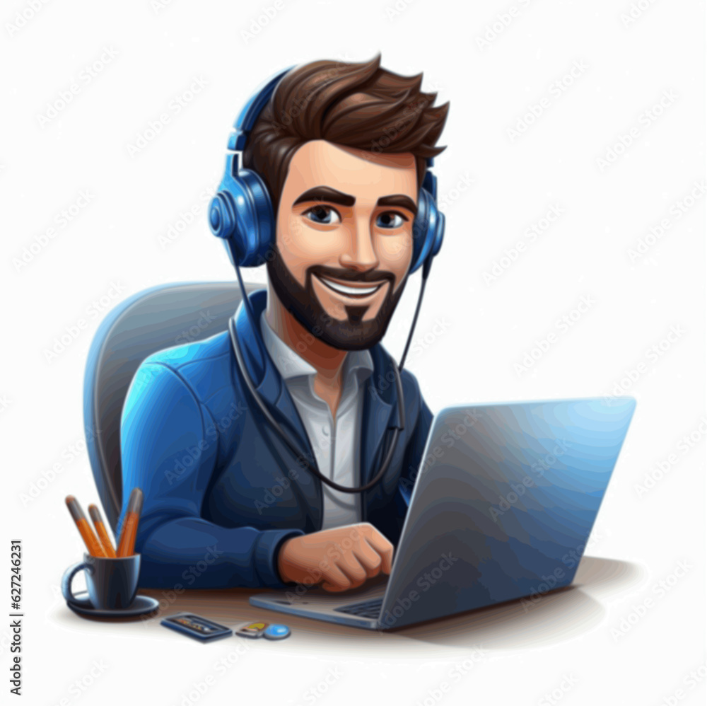 Customer support manager with laptop, white background Customer support manager with laptop, white background