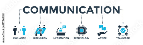 Communication banner web icon vector illustration concept with icon of exchange, discussion, information, technology, advice, and teamwork