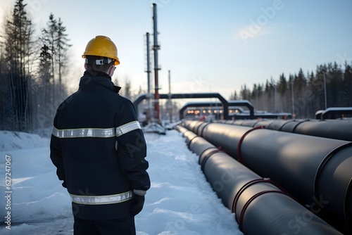 a worker inspecting a hydrogen pipeline at an industrial site, signifying the industrial use and transportation of hydrogen.