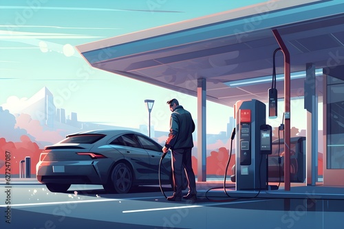 a person filling up their car at a hydrogen refueling station, pointing out the everyday use of hydrogen energy in transportation.