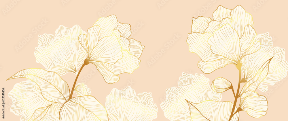 Luxury golden poppy flower line art background vector. Natural ...