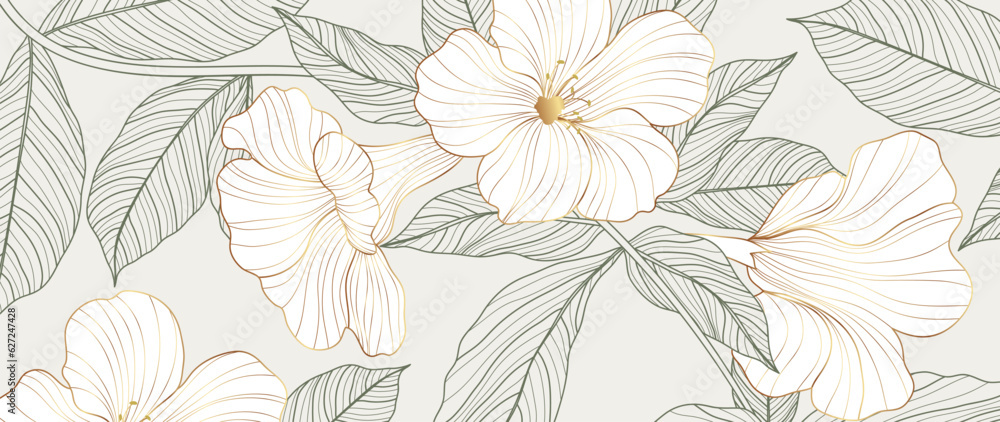 Luxury golden wildflower line art background vector. Natural botanical elegant flower with gold line art. Design illustration for decoration, wall decor, wallpaper, cover, banner, poster, card.  - obrazy, fototapety, plakaty 
