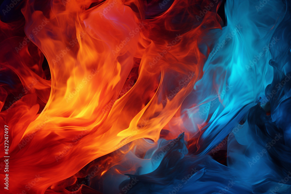Abstract drawing in Red and Blue Flame. Ice and Flame. Generative AI