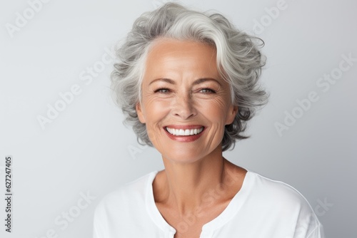 Fotografia Beautiful gorgeous 50s mid age beautiful elderly senior model woman with grey hair laughing and smiling