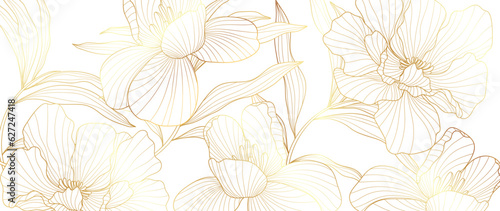 Luxury golden peony flower line art background vector. Natural botanical elegant flower with gold line art. Design illustration for decoration, wall decor, wallpaper, cover, banner, poster, card. 