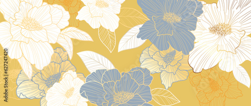 Luxury golden peony flower line art background vector. Natural botanical elegant flower with gold line art. Design illustration for decoration, wall decor, wallpaper, cover, banner, poster, card. 