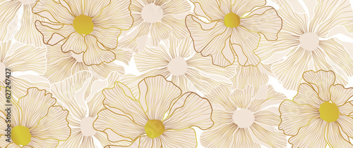Luxury golden poppy flower line art background vector. Natural botanical elegant flower with gold line art. Design illustration for decoration, wall decor, wallpaper, cover, banner, poster, card. 