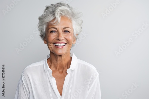 Leinwand Poster Beautiful gorgeous 50s mid age beautiful elderly senior model woman with grey hair laughing and smiling