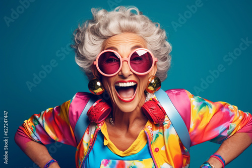 Portrait of a happy, laughing elderly woman, dressed in clorful attire, with big glasses and large earrings. AI Generative