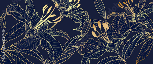 Luxury golden lily flower line art background vector. Natural botanical elegant flower with gold line art. Design illustration for decoration, wall decor, wallpaper, cover, banner, poster, card. 