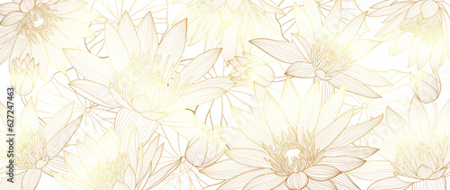 Luxury golden lotus flower line art background vector. Natural botanical elegant flower with gold line art. Design illustration for decoration, wall decor, wallpaper, cover, banner, poster, card. 