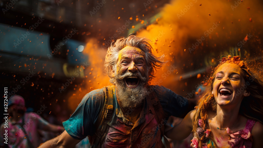 Portrait of a Happy old man at the Holi Festival. Elderly man laughing and celebrating at the Holi Festival. AI Generative