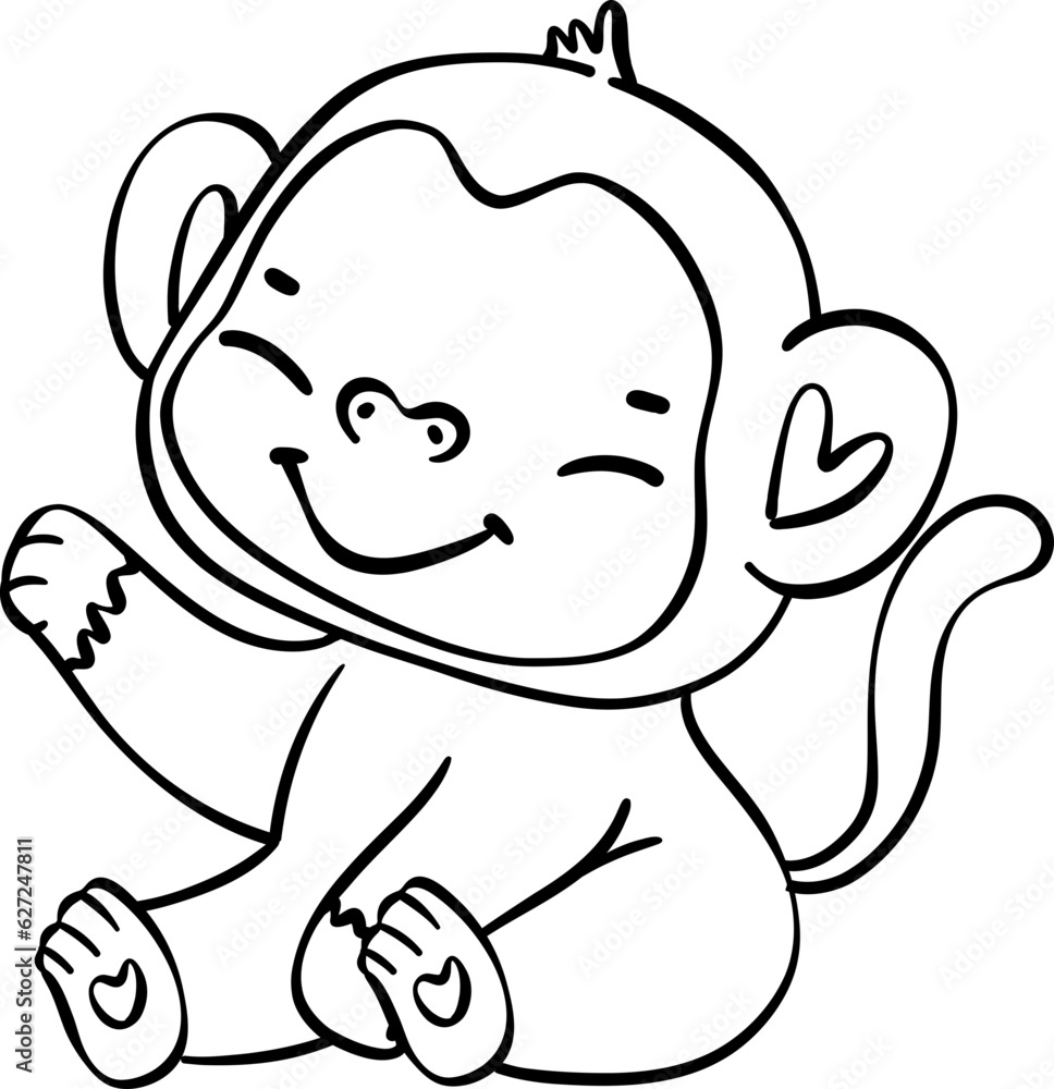 Cute baby monkey sitting, delightful cartoon with doodle outline hand drawing. Cute baby monkey sitting, delightful cartoon with doodle outline hand drawing.