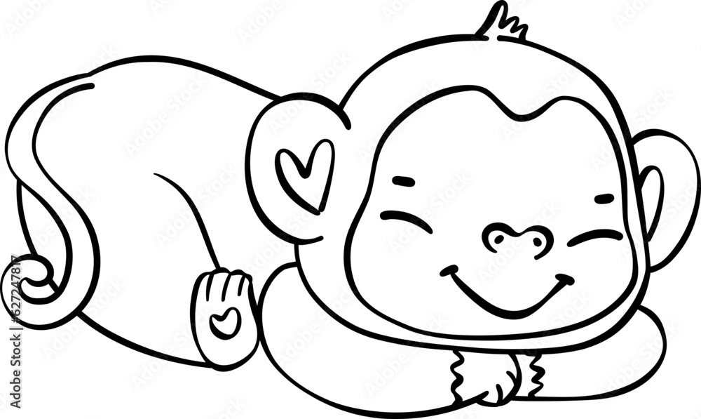 Fototapeta premium Cute innocence cheerful baby monkey in sleeping pose this delightful cartoon with doodle outline hand drawing.