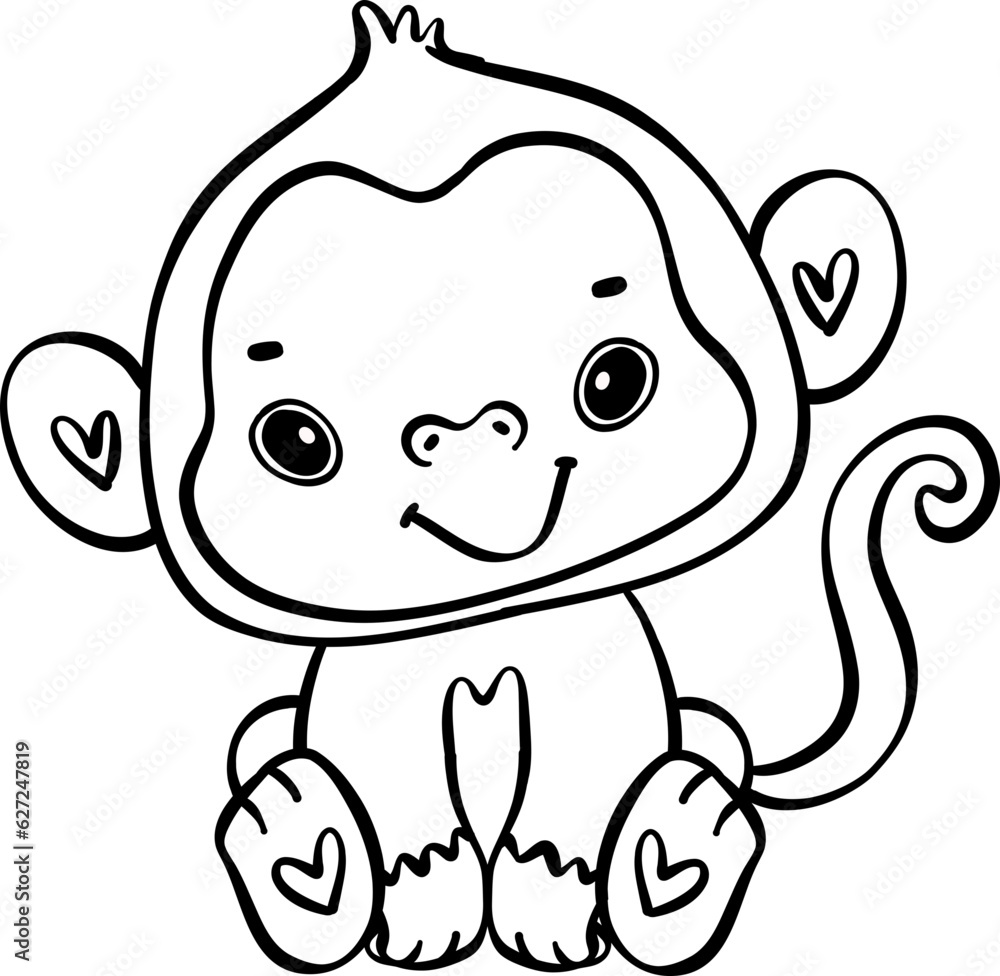 Cute innocence baby monkey sitting in this delightful cartoon with doodle outline hand drawing. Cute innocence baby monkey sitting in this delightful cartoon with doodle outline hand drawing.
