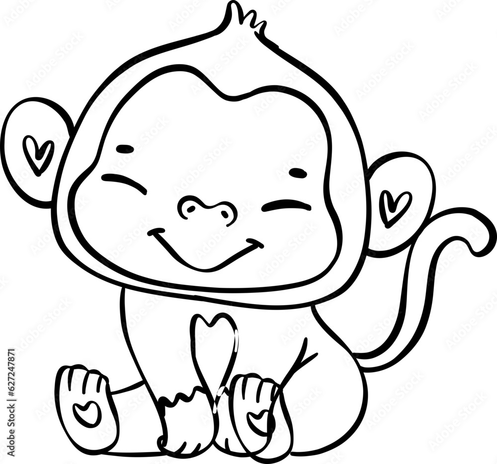 Cute innocence cheerful baby monkey sitting in this delightful cartoon with doodle outline hand drawing. Cute innocence cheerful baby monkey sitting in this delightful cartoon with doodle outline hand drawing.