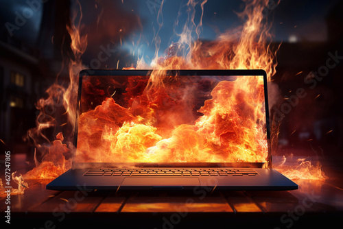 Burning Computer: Laptop Engulfed in Flames. AI Generative