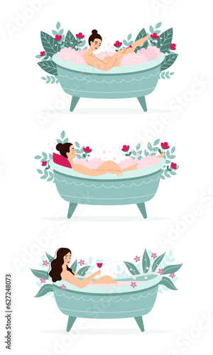 Set of beautiful brunette women in bathtub with pink foam and flowers. Relaxation, spa, body care. The girl shaves her legs. Vector illustration in cartoon flat style.