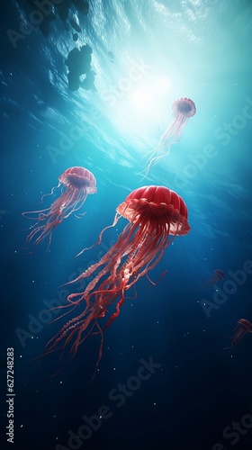 jellyfish swim deep in blue sea. Medusa neon jellyfish fantasy in space cosmos among stars