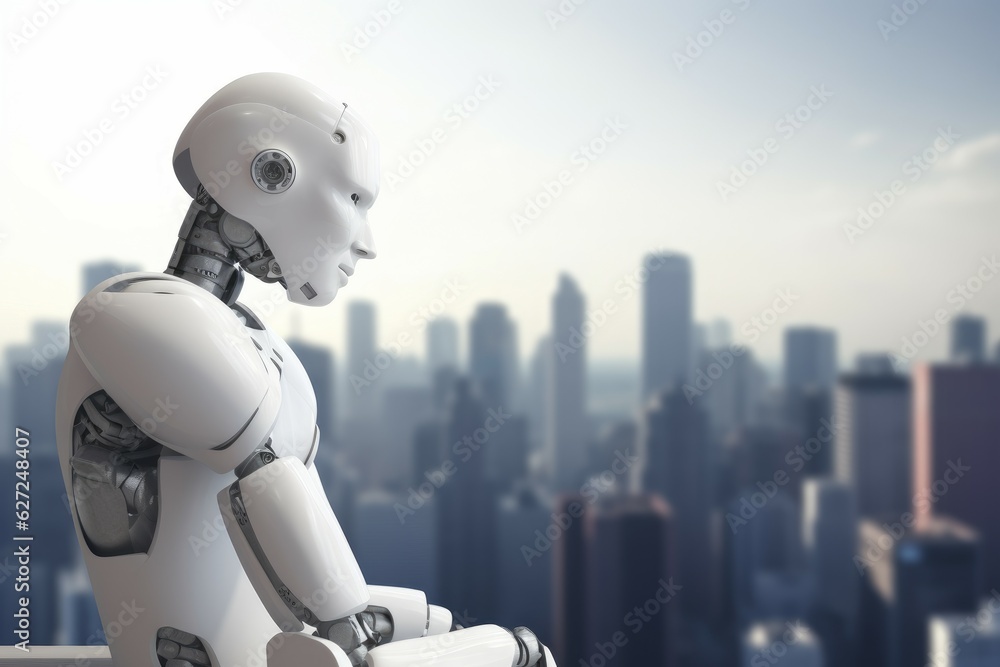 Naklejka premium Robot on roof. Generate Ai