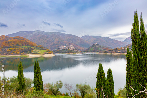 Turano lake and Castel di Tora. Italy.