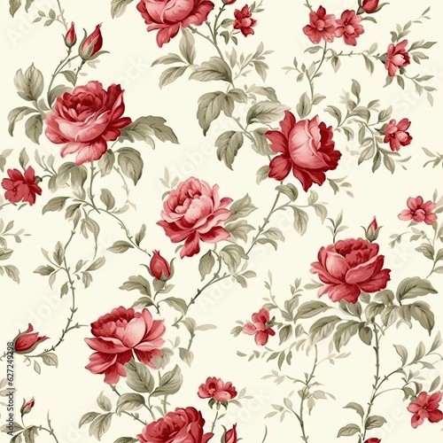Abstract seamless floral pattern with red roses flowers. Floral design backdrop. AI illustration. For background, texture, wrapper pattern, frame or border..