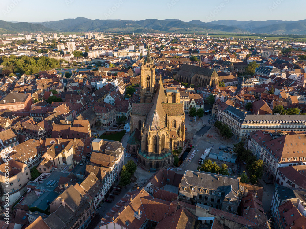 Aerial Drone Shot of St Martin's Church - Eglise Saint-Martin, church in Colmar, in Haut-Rhin, Alsace, France