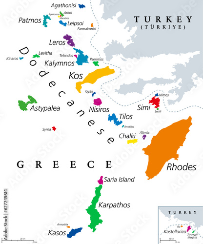 Dodecanese islands, colored political map. Greek island group in the southeastern Aegean Sea and Eastern Mediterranean off the coast of Turkey. Rhodes is the most dominant island since the antiquity.