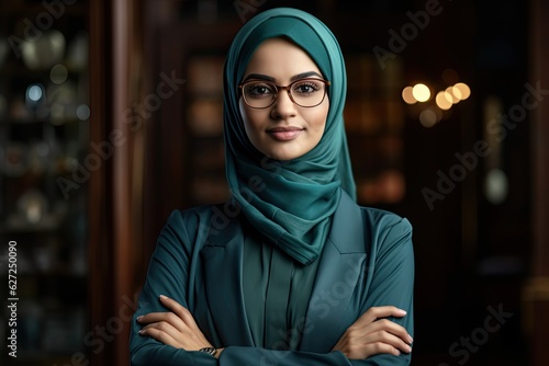 Confident Muslim Businesswoman with Arms Crossed, Wearing Eyeglasses. Portrait of a Creative and Successful Female Entrepreneur in Business. Generative AI