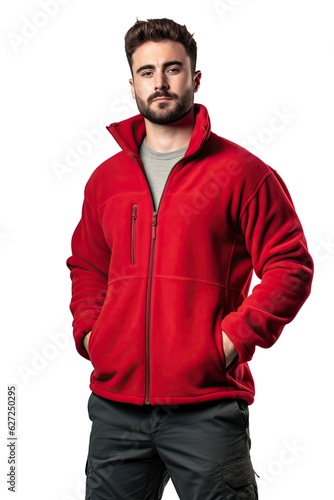 Stay Warm and Active with Red Fleece Jacket for Men - Isolated on White Background: Generative AI