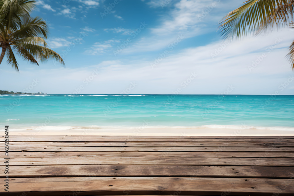 Organic Product Wooden Table and Coconut Tree against Beach Backdrop Organic Product Wooden Table and Coconut Tree against Beach Backdrop